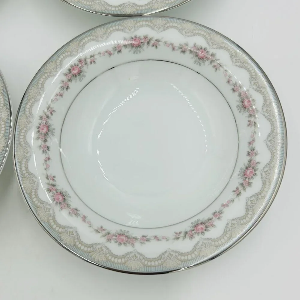 Noritake China Glenwood 5770 Japan 5.5” Berry Bowls Set Of 6 Pink Roses Platinum